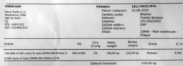 Release note od Solarity, zakázku podal Březina (z Kovetools)