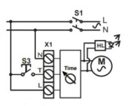 Ventilator s casovacom, schema zapojenia