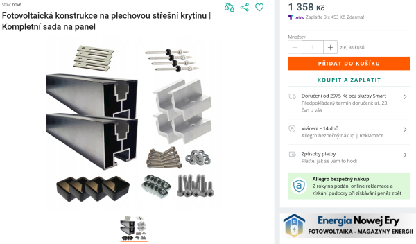 Screenshot 2026-06-17 at 13-14-57 Fotovoltaická konstrukce pro plechovou krytinu Kompletní sada pro jeden panel • Ceny Recenze - Allegro.png