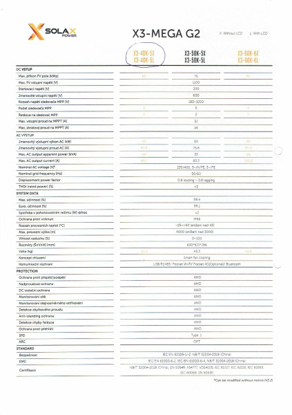 katalogový list s technickými parametry